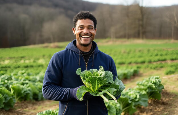 um homem em um campo está sorrindo com uma cabeça verde de alface