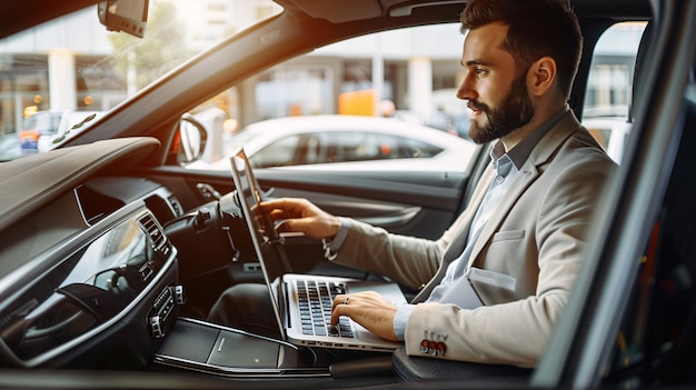 um homem em um carro com um laptop na mão