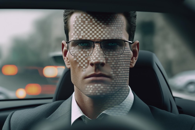 Um homem em um carro usando óculos com um padrão de grade no rosto.