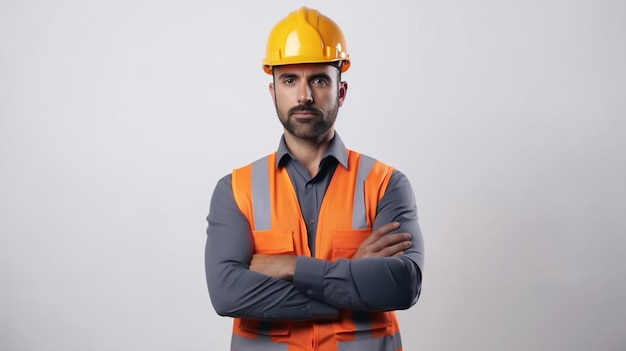 Um homem em um colete laranja fica com os braços cruzados na frente de um fundo branco