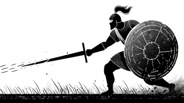 Um homem em um desenho preto e branco está segurando uma espada e um escudo