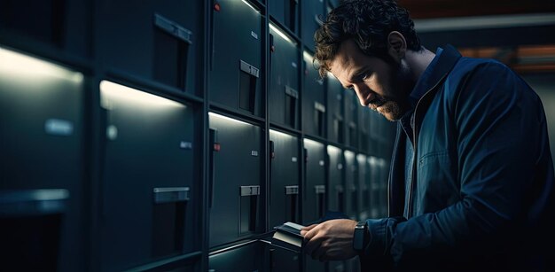 Foto um homem em um escritório está abrindo um armário no estilo de iluminação atmosférica e temperamental