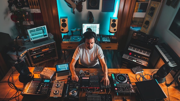 um homem em um estúdio de gravação com o equipamento de som à esquerda