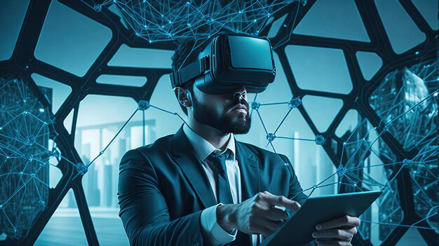 um homem em um fone de ouvido de realidade virtual está usando um tablet
