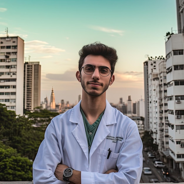 Um homem em um jaleco está em frente a uma paisagem urbana.