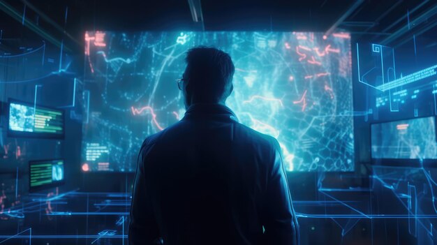 Um homem em um jaleco está em frente a uma tela de computador que diz 'cyberpunk'