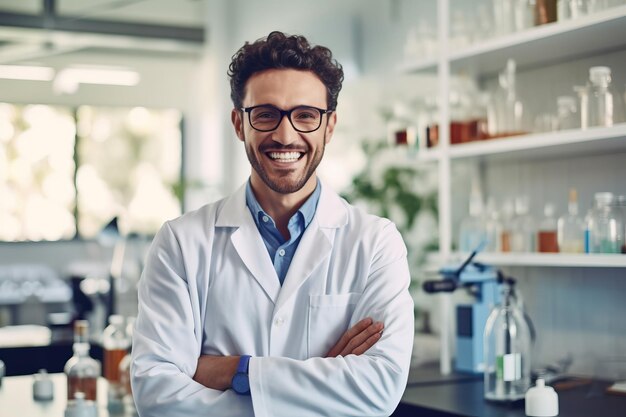 Um homem em um jaleco está na frente de uma mesa de laboratório com uma mesa de laboratório cheia de equipamentos de química.