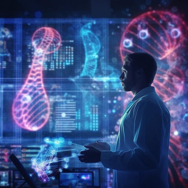 Um homem em um jaleco está na frente de uma tela grande com um gráfico de DNA.
