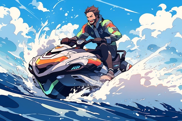 Foto um homem em um jet ski em passeios no mar no spray de ondas ilustração de estilo anime