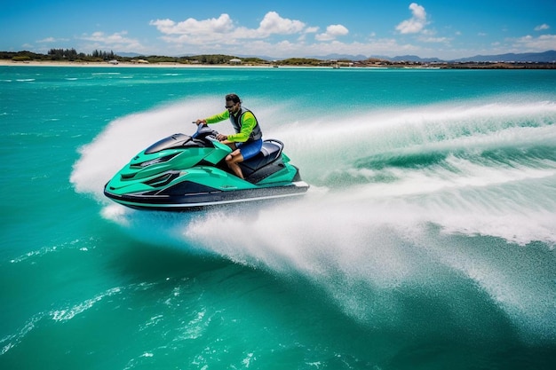 um homem em um jet ski está montando na água