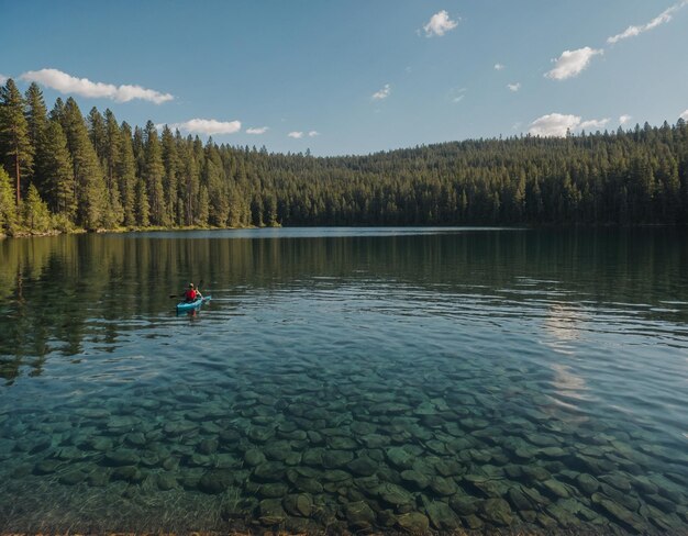 um homem em um kayak está flutuando em um lago com árvores no fundo