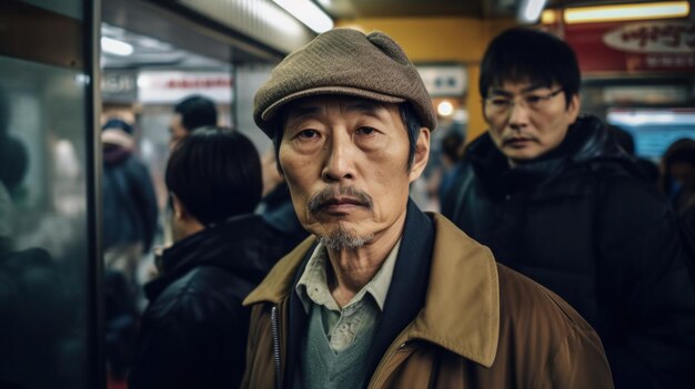 Um homem em um metrô com um chapéu