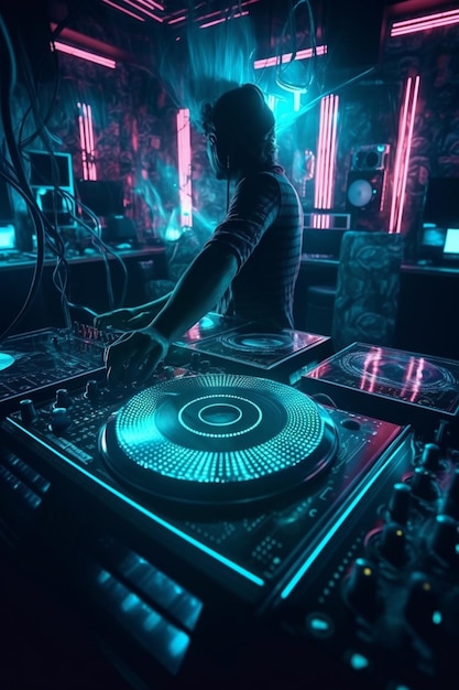Um homem em um quarto escuro com equipamento de DJ.