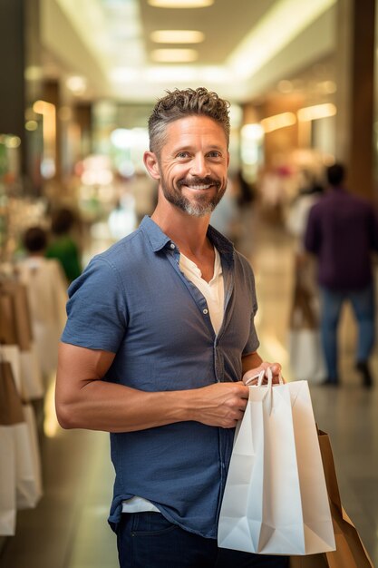 Foto um homem em um shopping em seus 40 anos com vários sacos de compras na mão