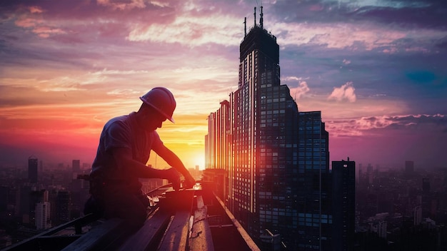 um homem em um telhado olhando para o horizonte da cidade