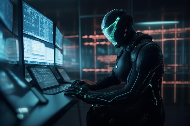 Um homem em um terno futurista senta-se em um computador em uma sala escura com um personagem cyberpunk na tela.