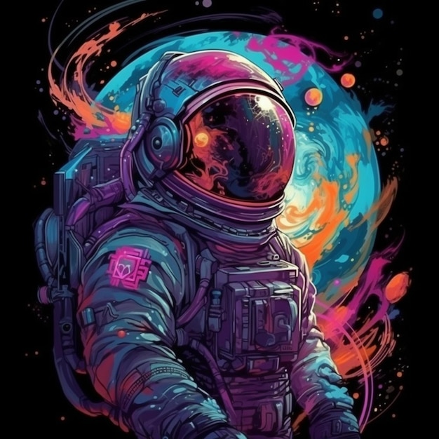 Um homem em um traje de astronauta com um fundo colorido de galáxia generativo ai