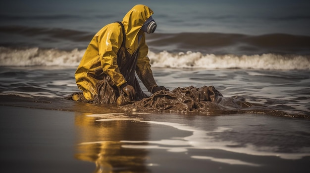 Um homem em um traje de proteção amarelo cavando na água com uma rede na água