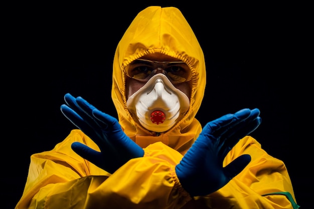 Um homem em um traje de proteção em um fundo preto. Proteção contra surtos de vírus.