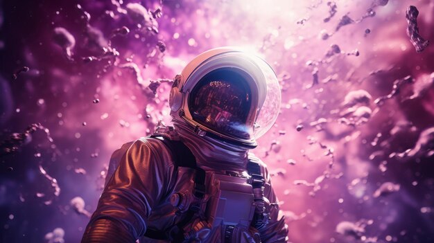 Um homem em um traje espacial contra um fundo roxo vibrante