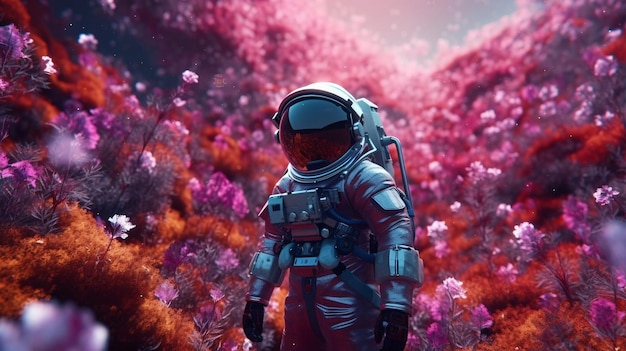 Um homem em um traje espacial está em um campo rosa com flores.