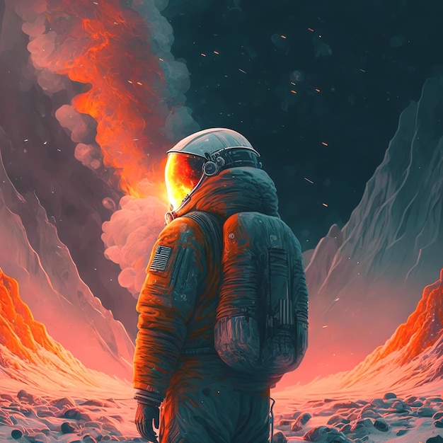 Um homem em um traje espacial está em um planeta com fundo vermelho e preto.
