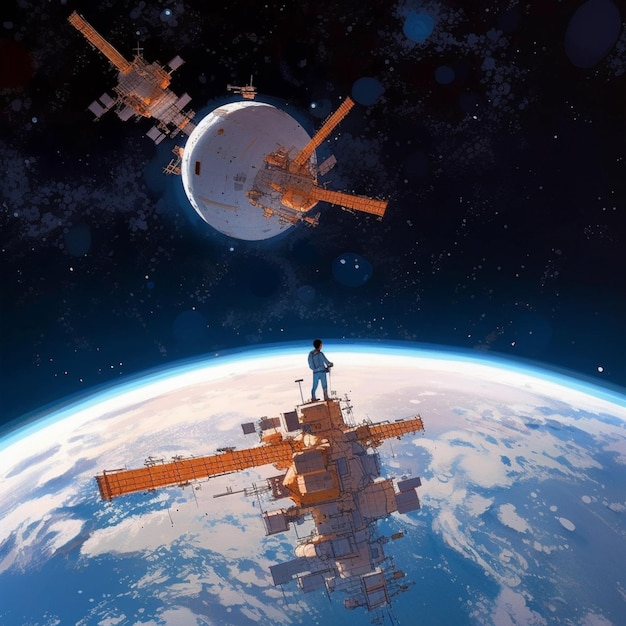 Um homem em um traje espacial está em um planeta com um planeta ao fundo.