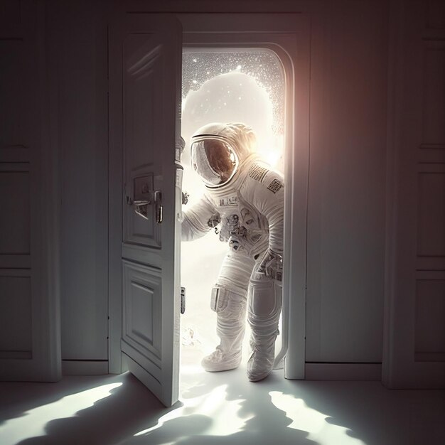 Um homem em um traje espacial está parado em uma porta.