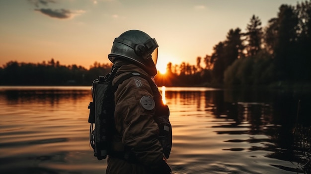 Um homem em um traje espacial fica em frente a um lago ao pôr do sol.