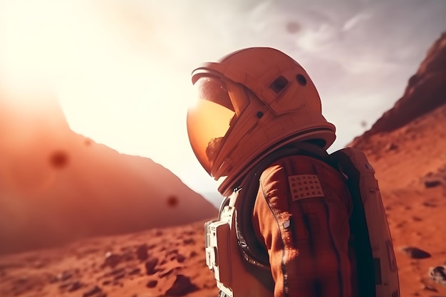 Foto um homem em um traje espacial observa um planeta com uma montanha ao fundo.