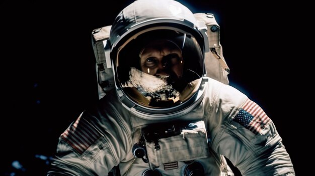 Um homem em um traje espacial usa um capacete e tem um pedaço de neve no nariz.