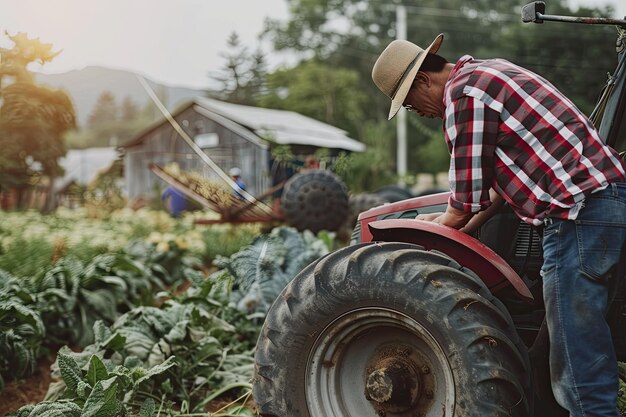 um homem em um trator está arando um campo com uma casa ao fundo