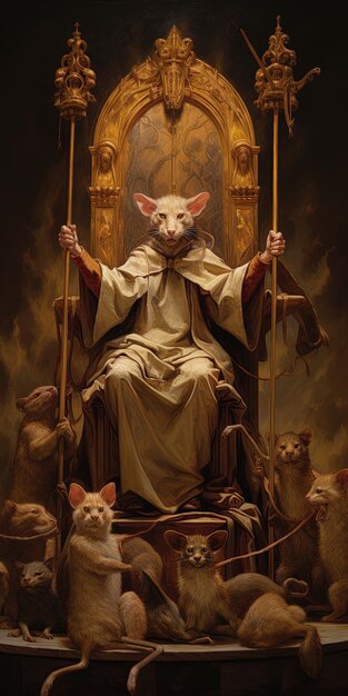 um homem em um trono com um gato nas costas e um sinal que diz deus