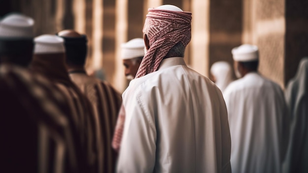 Um homem em um vestido branco está em uma mesquita com uma mesquita ao fundo.