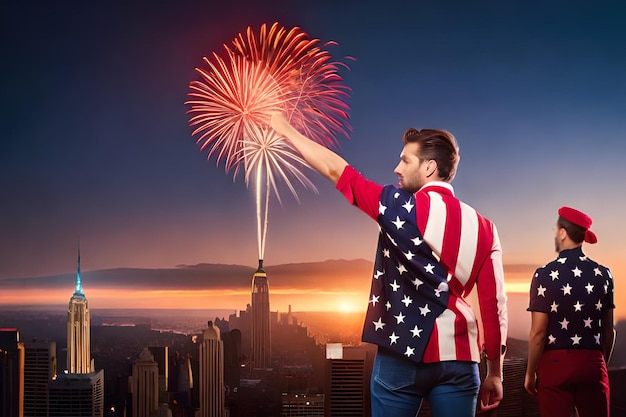 Um homem em uma bandeira americana segura uma exibição de fogos de artifício.