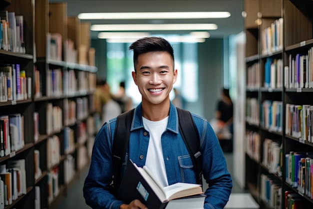 Um homem em uma biblioteca segurando um livro