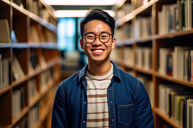 Um homem em uma biblioteca usando óculos está em frente a uma estante de livros.