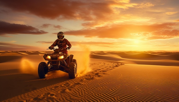 Foto um homem em uma bicicleta quad no deserto com o sol atrás dele