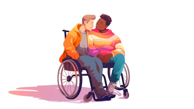 Um homem em uma cadeira de rodas com uma mulher em uma cadeira de rodas.