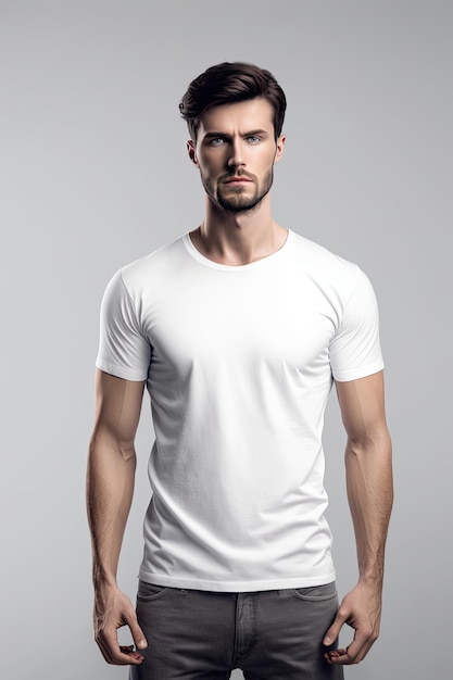 Um homem em uma camiseta branca fica na frente de um fundo cinza.