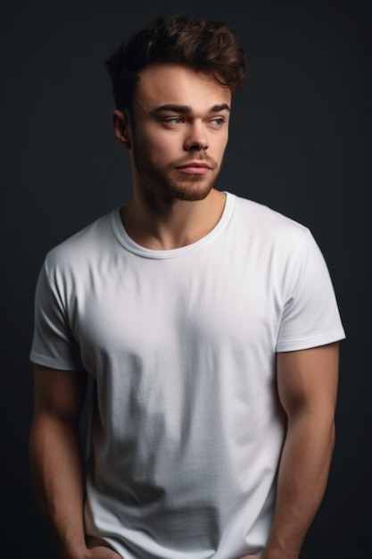 Um homem em uma camiseta branca fica na frente de um fundo escuro.