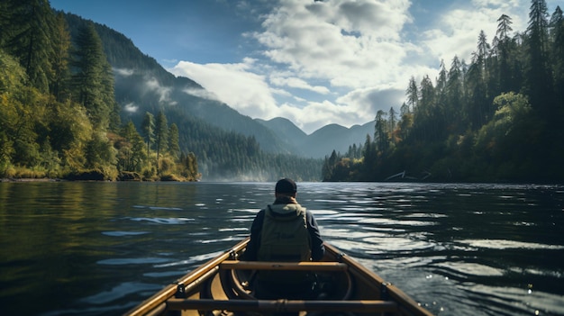 um homem em uma canoa está em um lago com montanhas ao fundo