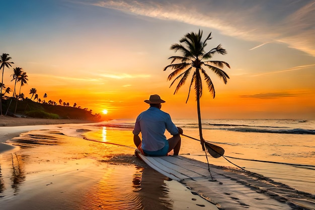 Um homem em uma canoa senta-se na praia em frente a uma palmeira.