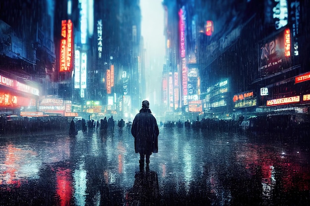 Um homem em uma capa de chuva caminha pela rua da cidade do futuro na chuva
