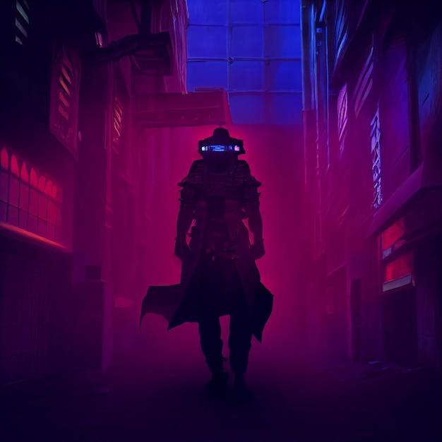 Um homem em uma cidade futurista com uma máscara e um fundo roxo.
