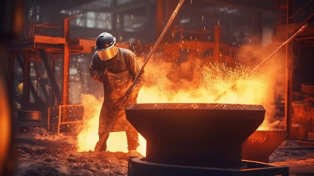 Um homem em uma fábrica de aço está trabalhando com uma grande panela de metal em frente a uma grande fogueira.