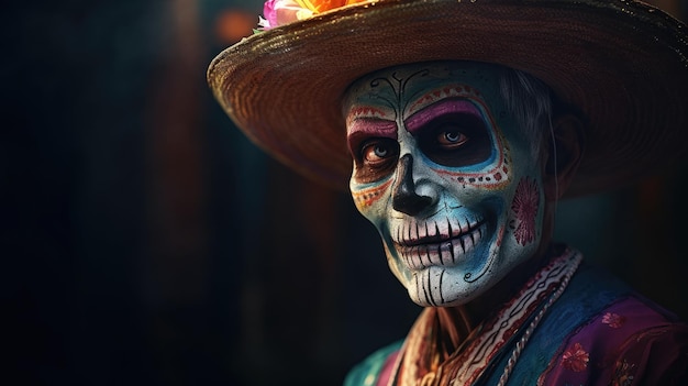 Um homem em uma fantasia mexicana com um chapéu e uma flor na cabeça.