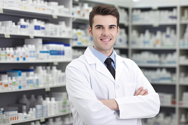 Um homem em uma farmácia com um jaleco branco fica na frente de uma prateleira com medicamentos