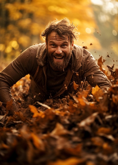 Foto um homem em uma floresta com folhas de outono