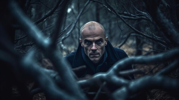 Um homem em uma floresta escura com uma cabeça careca e uma cabeça careca fica no meio de uma floresta.